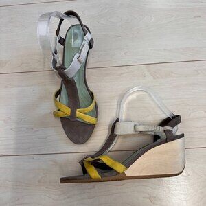 Camper Laura T Strap Wedge Sandals Genuine Leather Wood Heel Sz 39